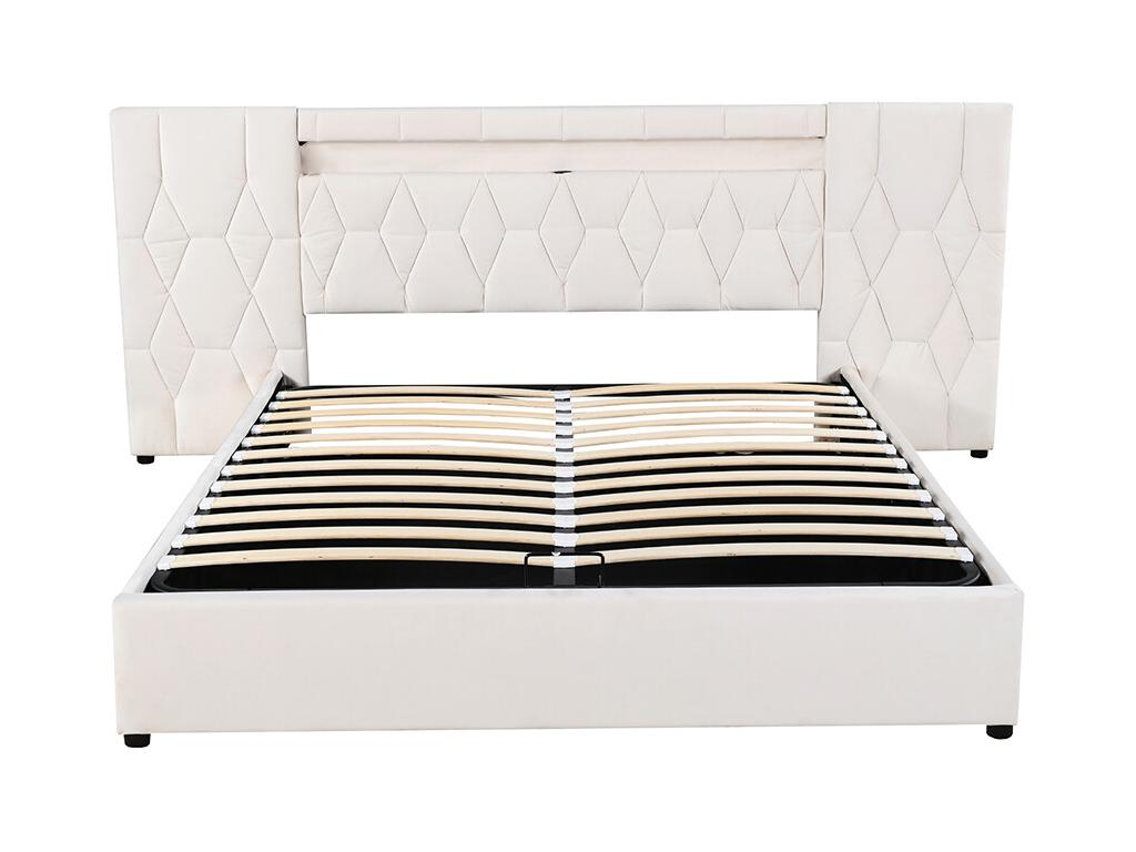 Lit coffre Lit adulte 160x200 cm avec grand dossier LED et connecteur USB Beige PFSP07543