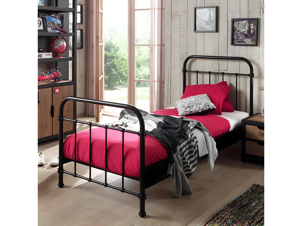 Dekonao - Lit à Barreaux 90x200cm en Métal Noir ENQT68391