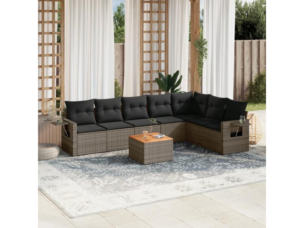 Salon de jardin 8 pcs avec coussins gris résine tressée WHLA17484
