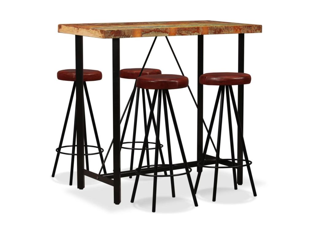 Ensemble de bar 5 pcs Bois massif recyclé et cuir véritable VRBH03238