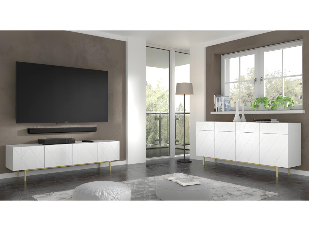 Meuble TV 180x42x51 cm meuble Hi-fi luxueux sur pied doré KAYRA blanc brillant UFRU18747