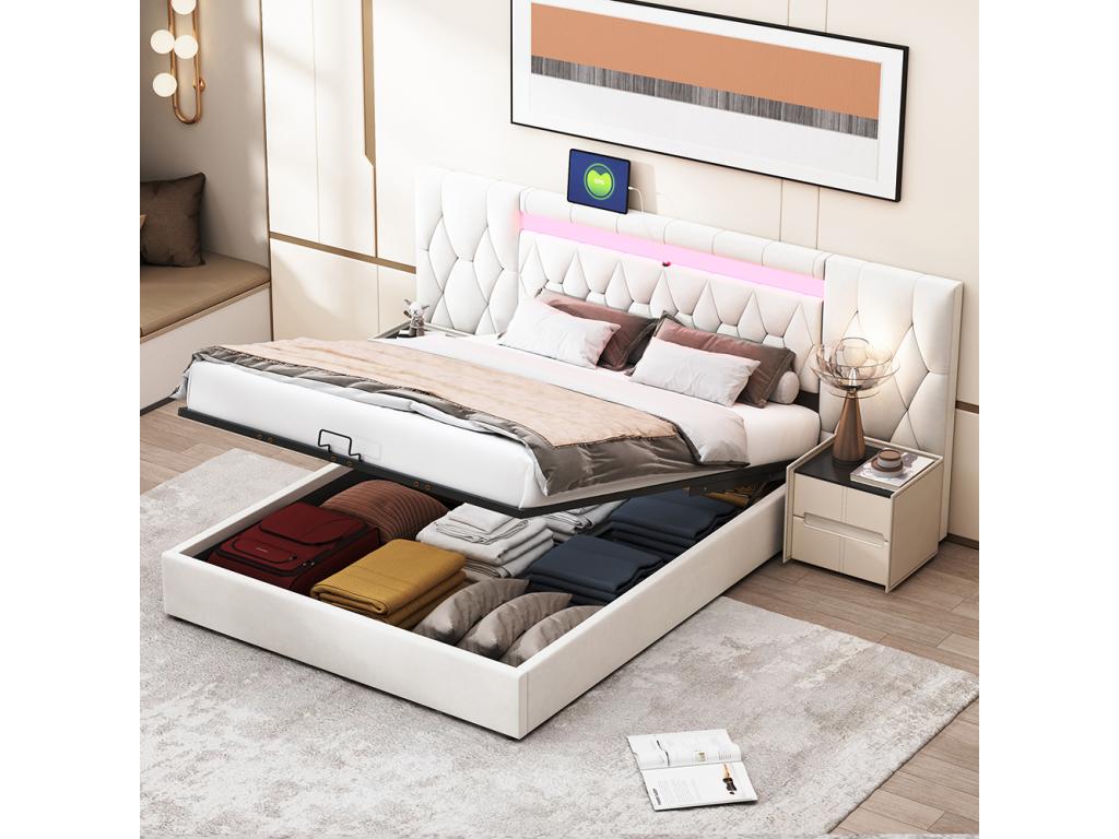 Lit coffre Lit adulte 160x200 cm avec grand dossier LED et connecteur USB Beige PFSP07543