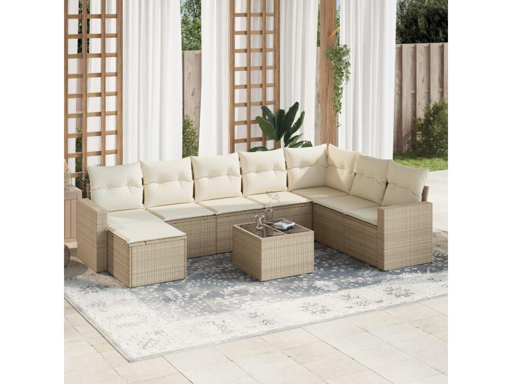 Salon de jardin avec coussins 9 pièces beige résine tressée JMDH99401
