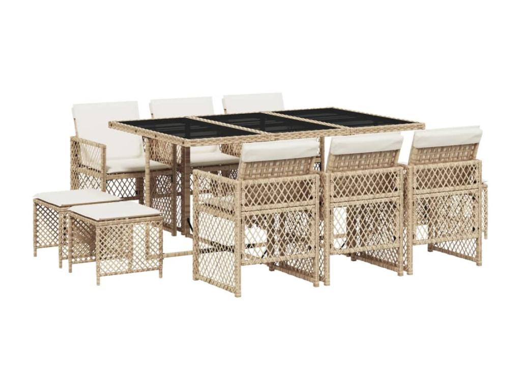 Ensemble à manger de jardin et coussins 11 pièces beige poly rotin WCHT65027