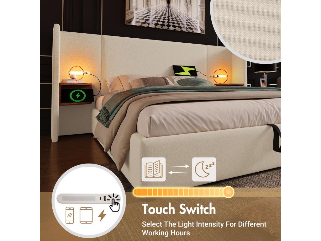 Lit coffre 160x200cm en lin - 2 tables de chavet avec liseuse et fonction chargement - avec sommier à Ligniva - Beige WDAB83261