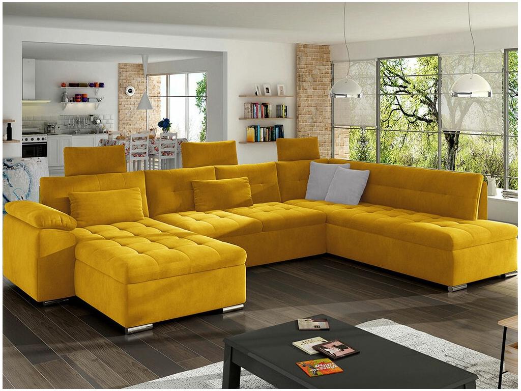 Canapé d'angle Dekonao 127 Jaune Fonction de couchage Boîte de literie 350x205x101cm ULFR12339