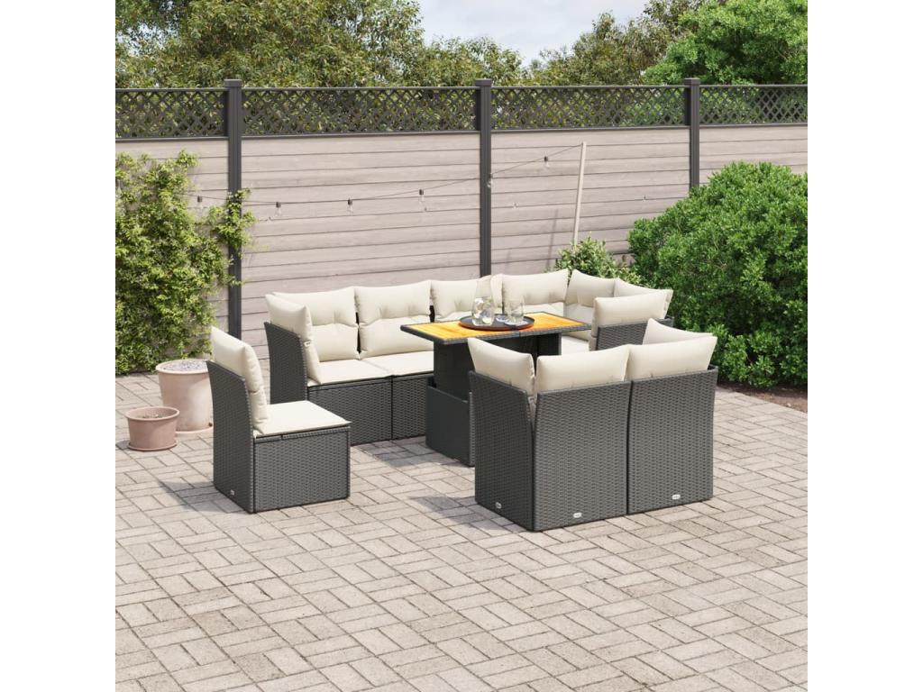 Salon de jardin 9 pcs avec coussins noir résine tressée IWYV50517