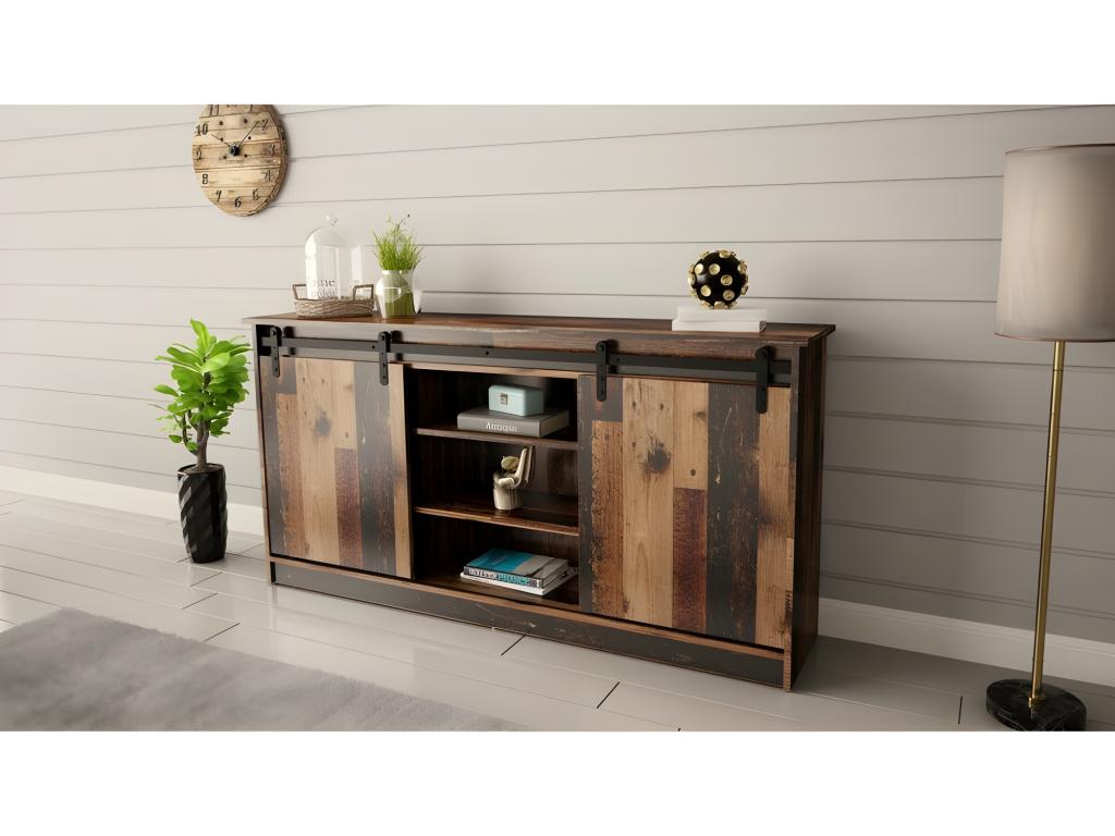 Commode de rangement Meuble universel couleur vieux bois 160x81x35cm Dekonao porte coulissante MTKM81218