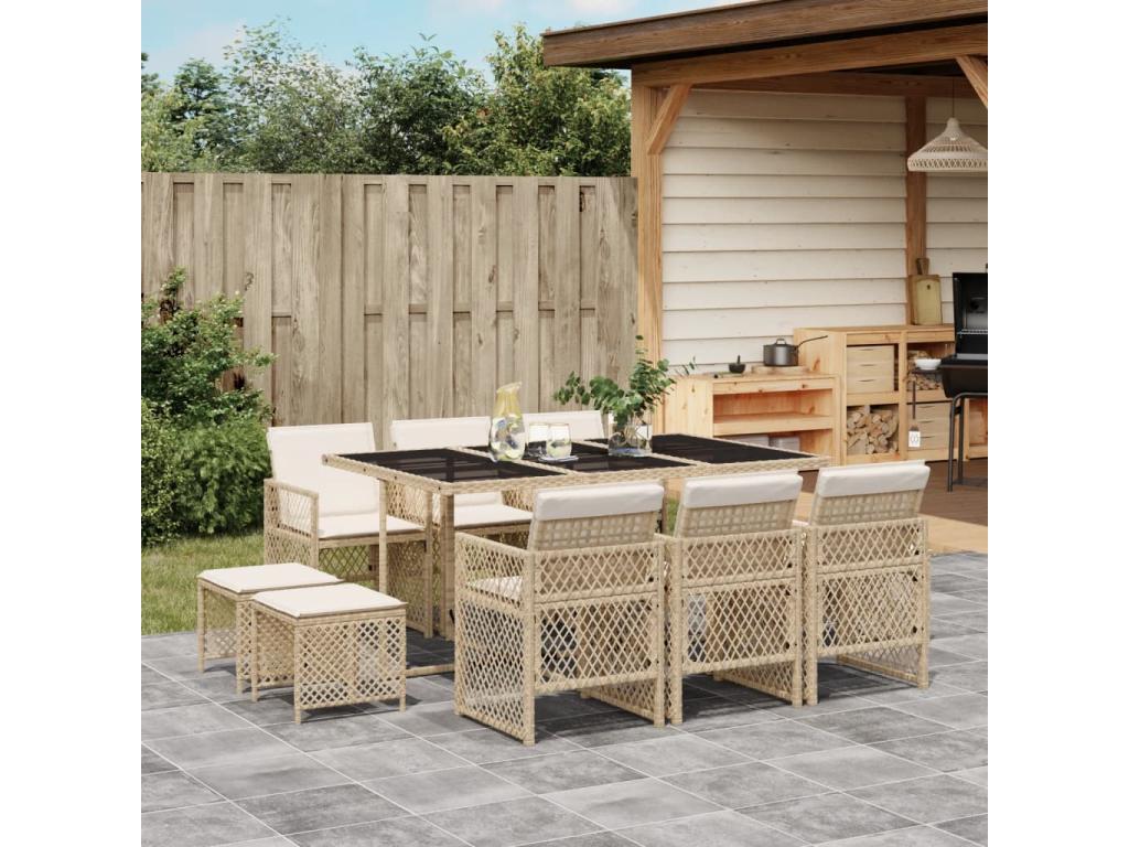 Ensemble à manger de jardin et coussins 11 pièces beige poly rotin WCHT65027
