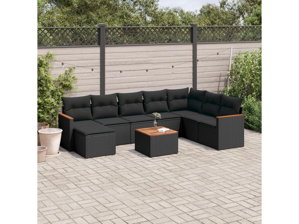 Salon de jardin 9 pcs avec coussins noir résine tressée RHWH39127