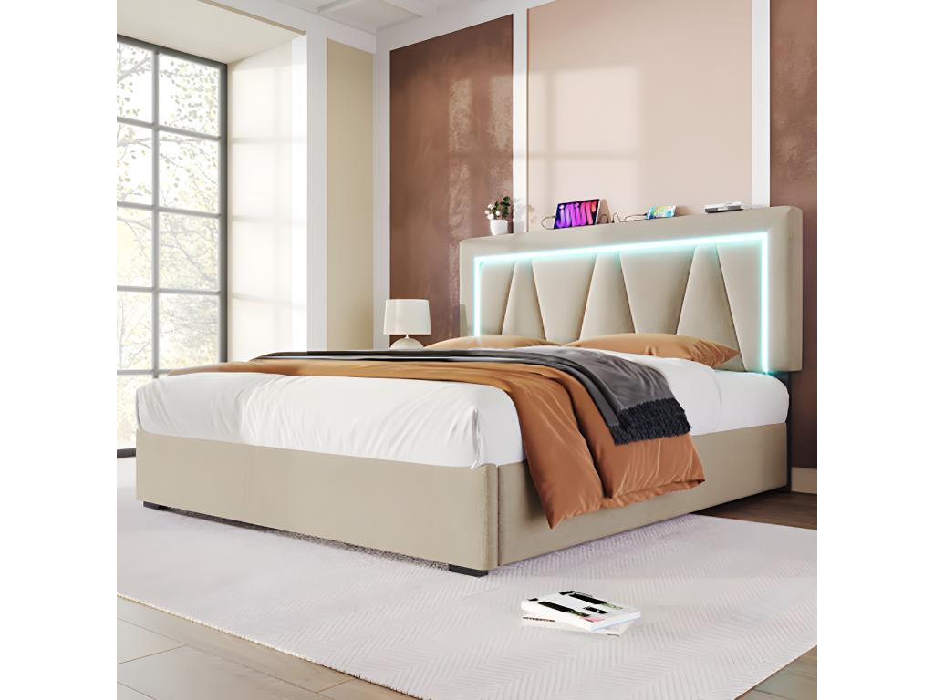 Lit adulte Lit coffre lit double LED avec fonction de chargement USB Type C et éclairage LED lits de rangement Lit rembourré 160x200 Beige YGQA50662